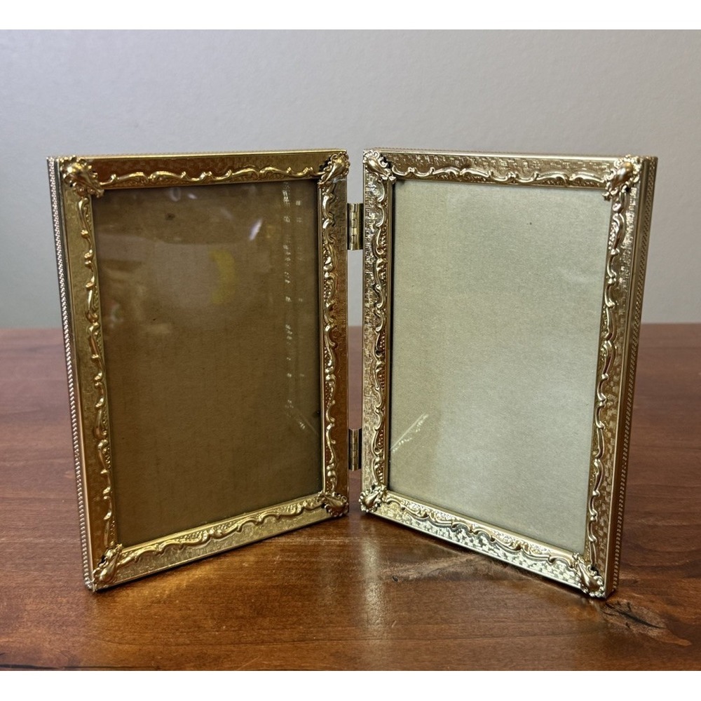 Vintage Brass Gold-Tone Hinged Double Picture Frame 5 X7 Ornate Filigree Folding